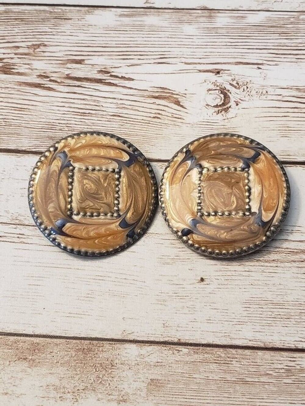 Vintage Clip On Earrings - Large Statement Tan & Blue Tones 1 & 5/8"